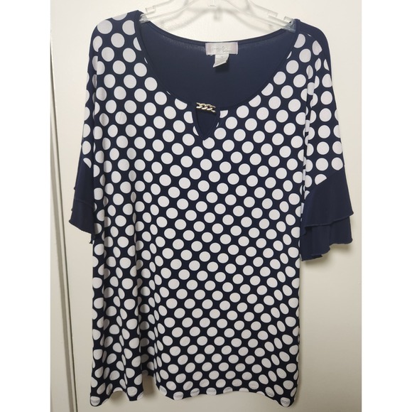 Tops - Emma & Olive Navy Blue White Polka Dot Scoop Neck Ruffle Short Sleeve Blouse 3X